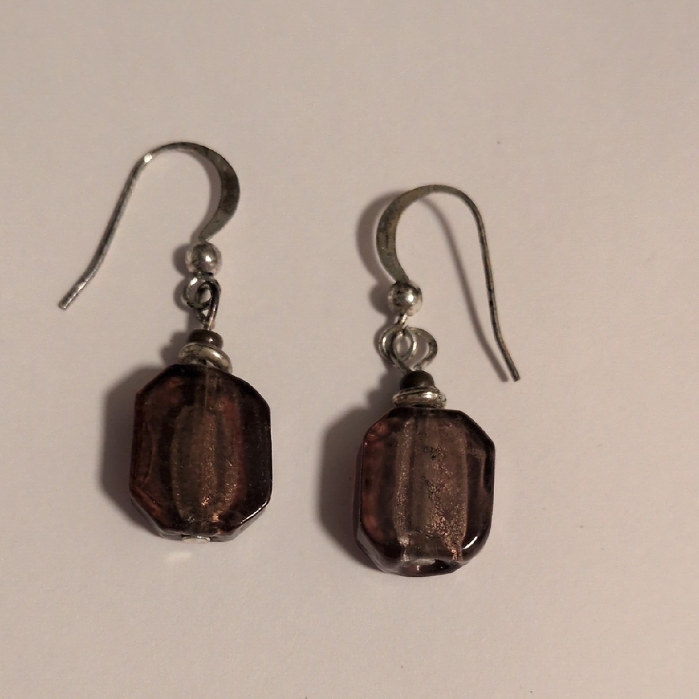 Silver Hook Earrings with Smoky Brown Glass Beads